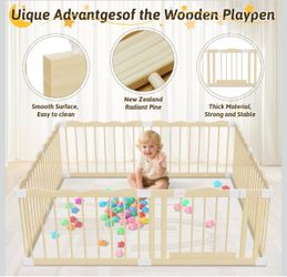 Wooden Baby Playpen 65"x65" - Solid Wood Play Yard with Lock Gate