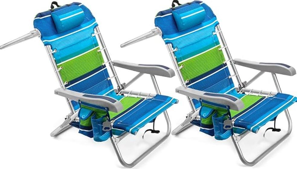 Large Hang Ten Deluxe Backpack Beach Chair with Wooden Armrests & Cooler Dry Pouch 