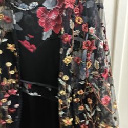 Women’s elegant evening black dress with floral  short sleeve lace jacket  or shawl