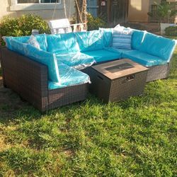 Light Blue Patio Furniture Set Outdoor Patio Furniture Patio Chairs Propane Fire Pit 🆕