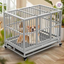 Dog Crate With Removable Tray, Dog Cage Kennel For Large Dogs, Heavy Duty Dog Carrier With Lockable Wheels, High Anxiety Double Door