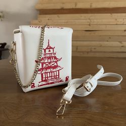 Chinese Takeout White Red Faux Leather Thank You Pagoda Tower Print Shoulder Bag