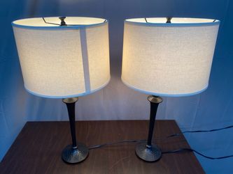Black Hammered Metal Table Lamp w/ Beige Drum Shade (Set of 2)