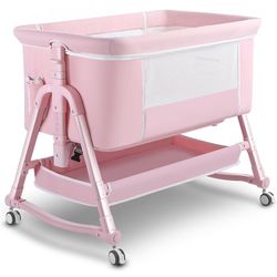 4 in 1 Bedside Bassinet for Baby, Portable Baby Bassinet with Wheels, Baby Crib with Mosquito Net, Storage and Mattress Included, Foldable Travel Bass