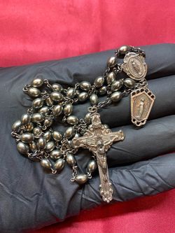 Stunning Vintage Rosary W/ Sterling Silver Medals, crucifix & Chain Silver Colored Resin Beads