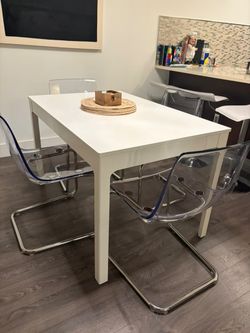 IKEA Dining Set – White Extendable Table + 4 Clear TOBIAS Chairs
