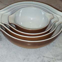 Vintage Pyrex By Corning Baking Bowl Set Cinderella Nesting Old Orchard Brown 444, 443, 442, 441