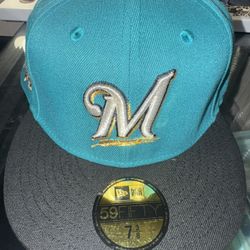 Milwaukee Brewers Teal Black Silver Metallic Men's 59FIFTY Fitted Hat 7 3/8 NEW