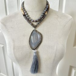 Gray Agate & Genuine Horn Beaded Tassel Necklace with Crystal Pendant