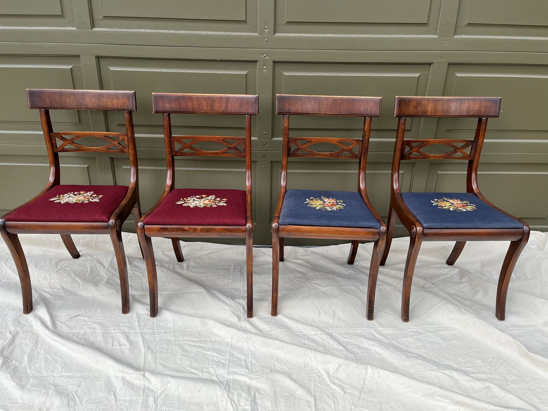 4 ca. 1930’s Duncan Phyfe Dining Chairs With Needlepoint Seats