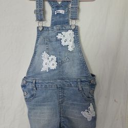 Girl's Floral Embroidered Denim Bib Overall Shorts Ripped Jean Romper with Pockets
