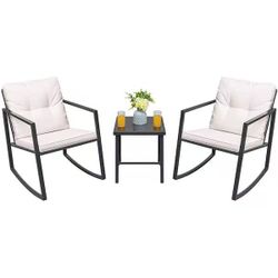 Black 3-Pieces Metal Wicker Outdoor Rocking Chair Bistro Conversation Set with White $70
