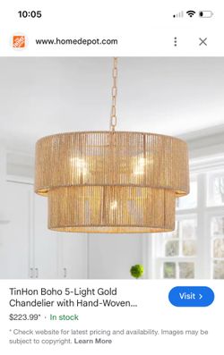 Boho 5-Light Gold Chandelier with Hand-Woven Double Drum Rope Shade for Dining Room, Entrance, or BR