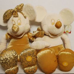 Disney Store Large Mickey & Minnie Mouse Cream Gold Holiday Limited Collectible Plushes 24”