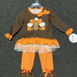 New Nannette Kids girls size 2T artsy embroidered turkey Thanksgiving tunic shirt and leggings outfit
