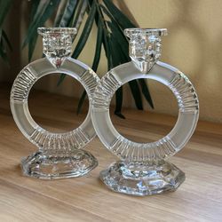 A Pair • Art Deco Clear Glass Ring-Shaped Candlesticks by Libochovice.