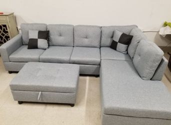 Brand New Light Grey Linen Sectional With Storage Ottoman & 2 Decorative Pillows