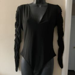 Body Negro De Manga Larga Fruncidas Con Escote En V  Size Large (grande)