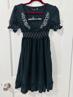 Black Embroidered Mini Dress with Ruffle Hem
