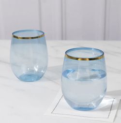 24-Pack Plastic Stemless Wine Glasses 12oz, Transparent Dusty Blue with Gold Rim - Reusable Tumblers for Events