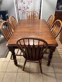 Wood Dining Table with 6 Windsor Chairs