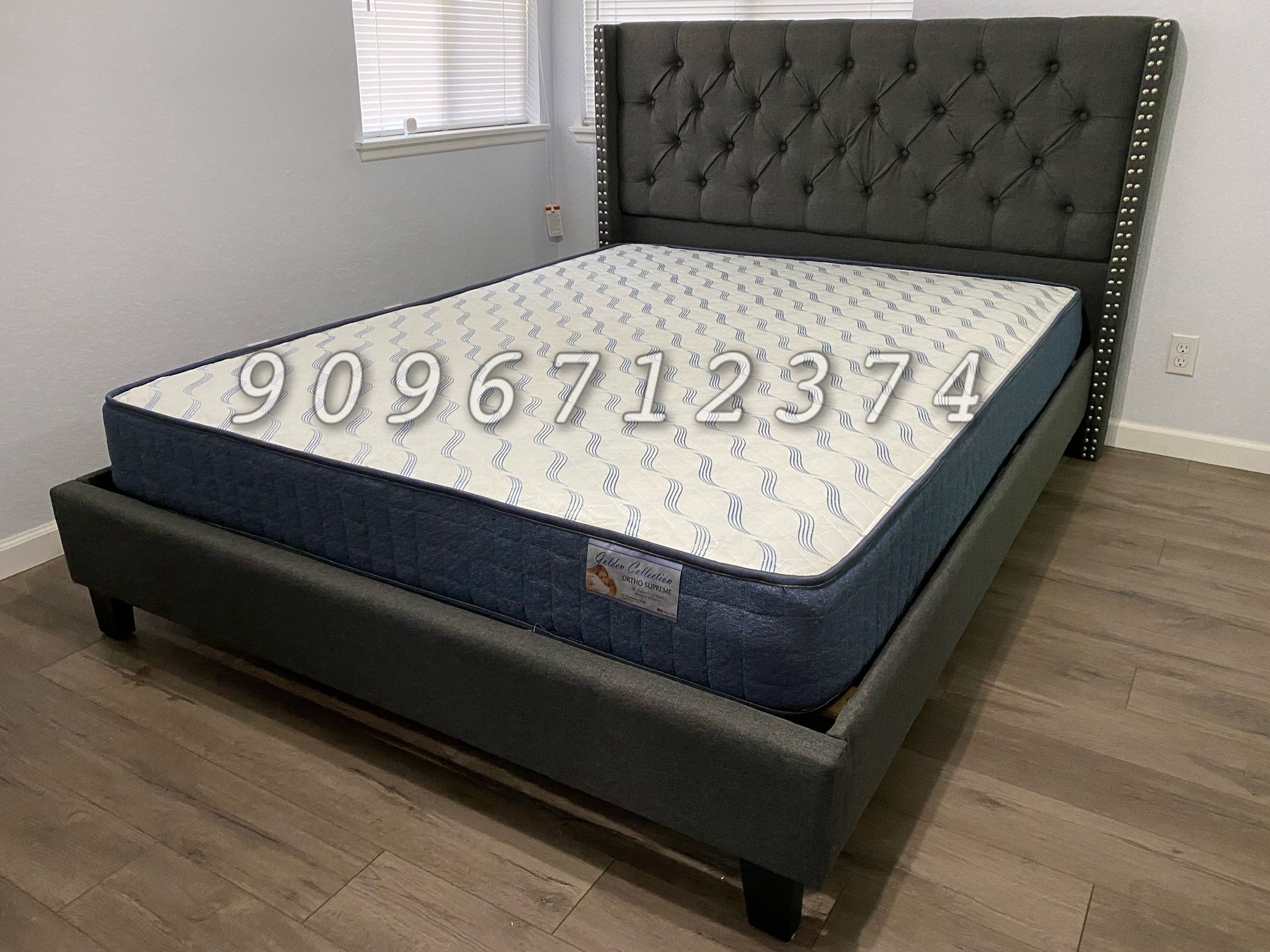 Queen Gray Tufted Bed w. orthopedic Mattress included