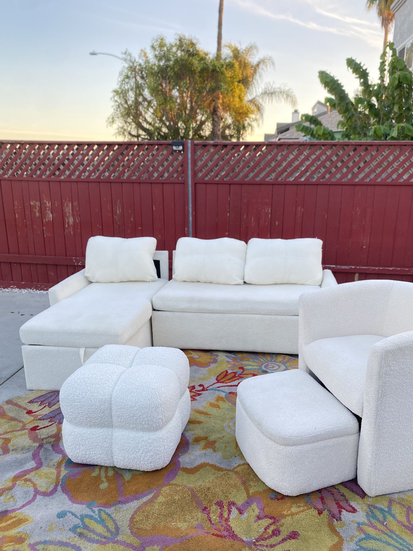 4 Piece AMERLIFE Sleeper Sofa, 2-in-1 Sofa Bed, Pull Out Sofa Couch, Boucle White Set