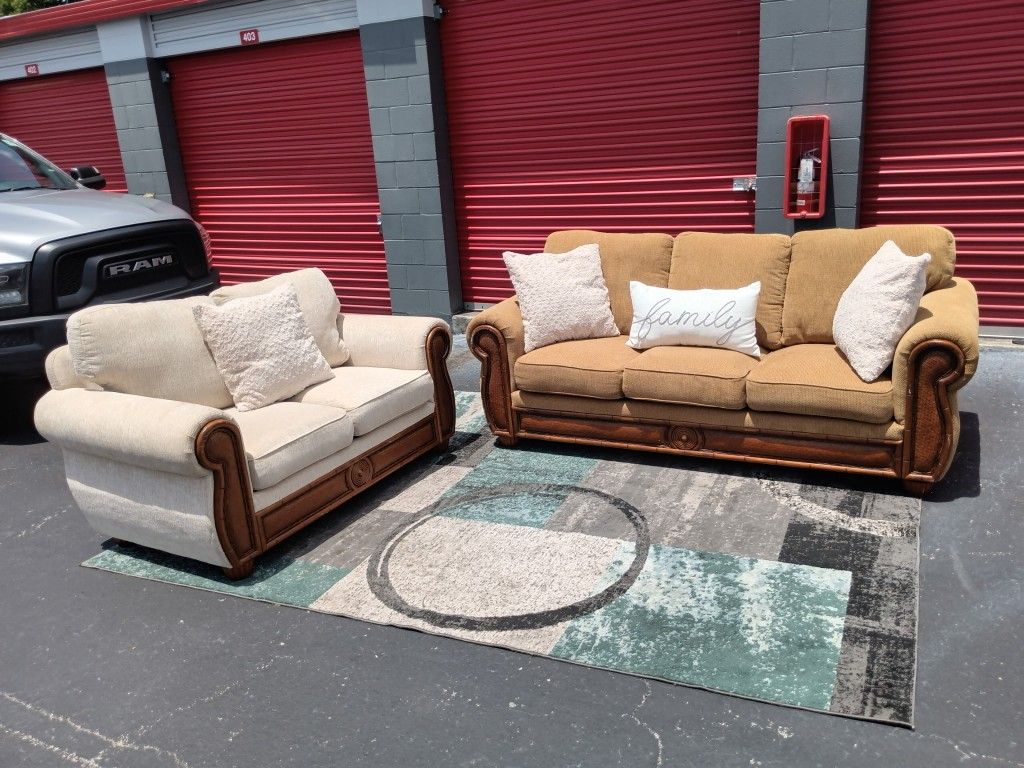 Brown Sofa with Cream Loveseat