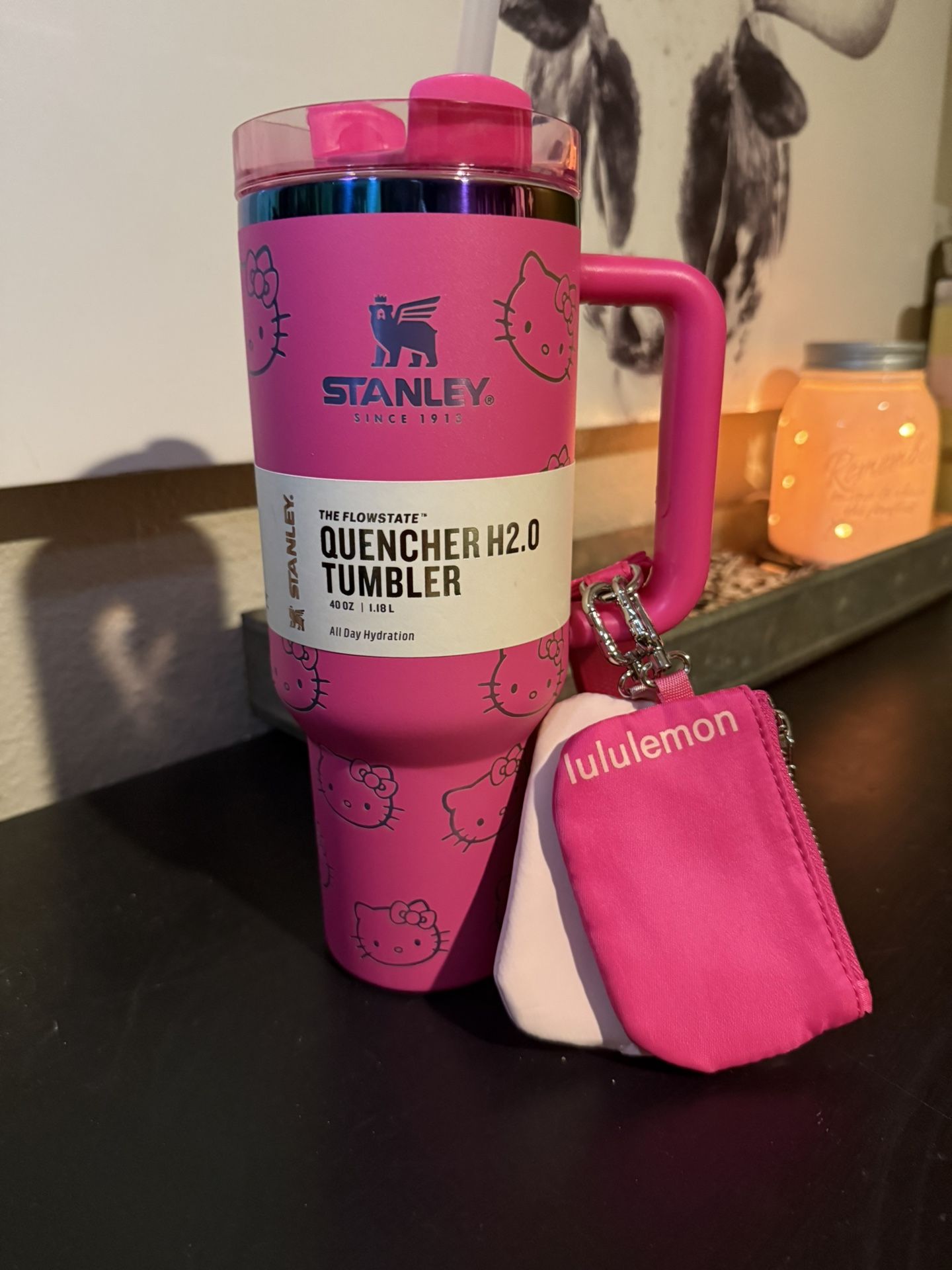 Hot Pink And Gray Hello Kitty 40 Ounce Stanley With A Lululemon Wristlet (new)