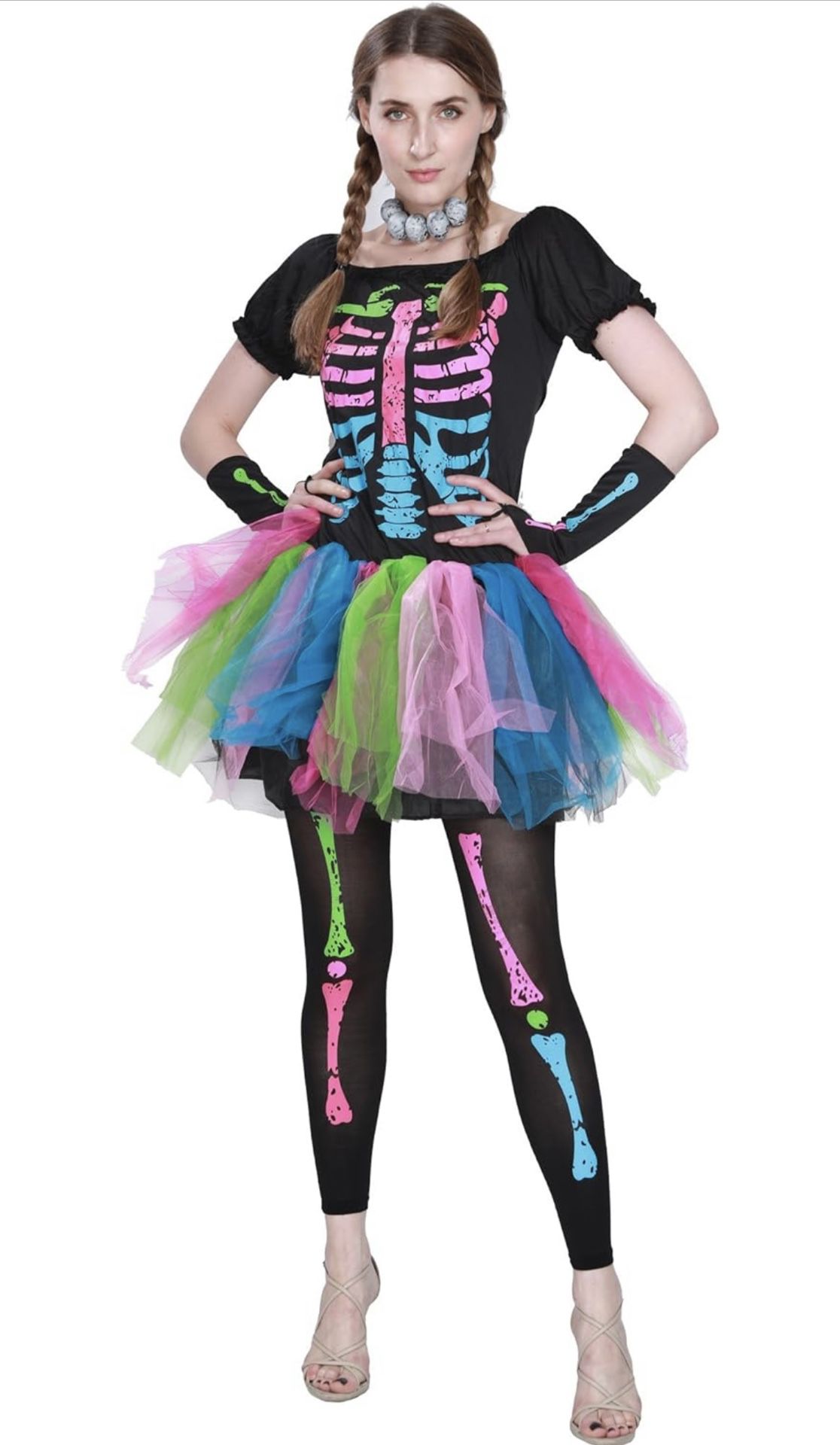 Women Funky Punk Bones Costumes Skeleton Colorful Tutu Dress