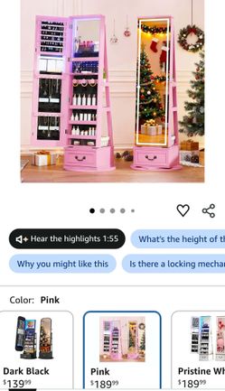 LED Mirror Jewelry Cabinet Standing, 360°Swivel Jewelry Armoire with Full Length Mirror, Mirror with Jewelry Storage and Large Wooden Drawer for Chris