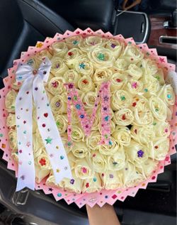 Large Custom White Rose Bouquet with Gems