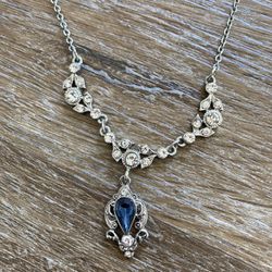 Silver Faux Diamond And Sapphire Necklace And Earring Set