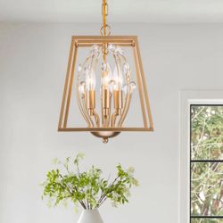 1-Pair Of 3-Light 9.75”in. Gold Foyer Pendant Light With Clear Crystals