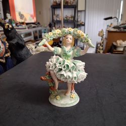 Irish Dresden Porcelain Figurine "Dancing In The Shamrock Garden" Entirely Handmade Makers Mark On The Base 6" Tall - Pristine Condition