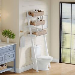 Over The Toilet Storage Ladder, Freestanding 3-Tier Bathroom Storage Rack, Space-Saving Organizer Behind Toilet, White Engineered Wood