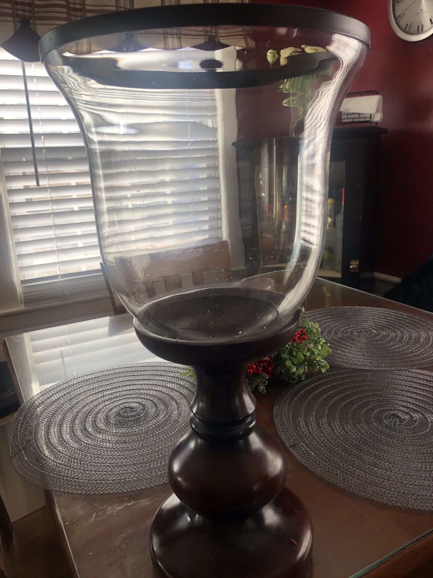 Glass/wooden base large candle holder