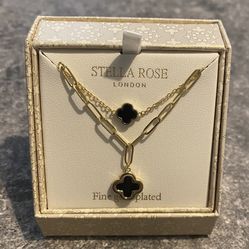 Stella Rose Black Clover Fine Gold Plated Necklace, 10mm, New in box.
