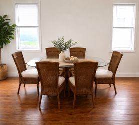 Tommy Bahama Glass Dining Table + 6 Rattan Chairs
