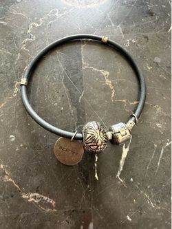 Black Cord Bracelet Ornate Floral Silver Bead & BEAUTY Charm - Fashion Jewelry