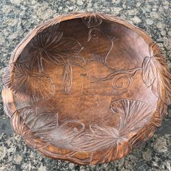 Hand Carved Wood Asian Floral Art Bowl Dish Tray Vtg Antique 11.5”