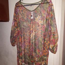 Women's 2x Multi Colored 3/4 Sleeve Blouse V Neckline