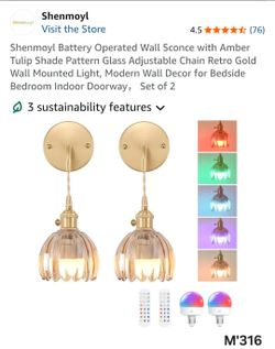 Battery Operated Wall Sconce Set (2) Retro Gold Tulip Design.(M'316)