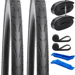 2-PCS 700C Road Bike Tires 700x35C/37-622 and 700C Bike Tubes with 2 Rim Strips