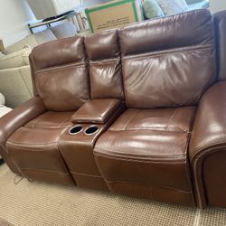 BROWN LEATHER POWER RECLINING SOFA WITH CONSOLE