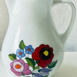 Vintage Kalocsa Hungary Hand-painted Porcelain Pitcher, Folk Art Floral Design, Gold Trim, Perfect Condition   
