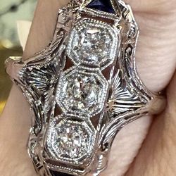 18K Gold Art Deco Ring With Sapphires And Natural Diamonds