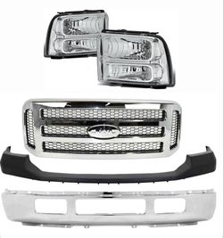 New Ford F250 F350 Chrome Front Bumper, Upper Bumper, Grille and Clear Headlights 2005, 2006, 2007
