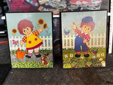 Raggedy Ann and Andy In Garden Wall Art Plaques 1970s
