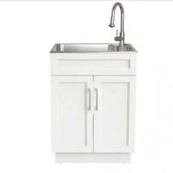24 in. Drop-In Stainless Steel Laundry Sink with Assembled Cabinet in White with Faucet